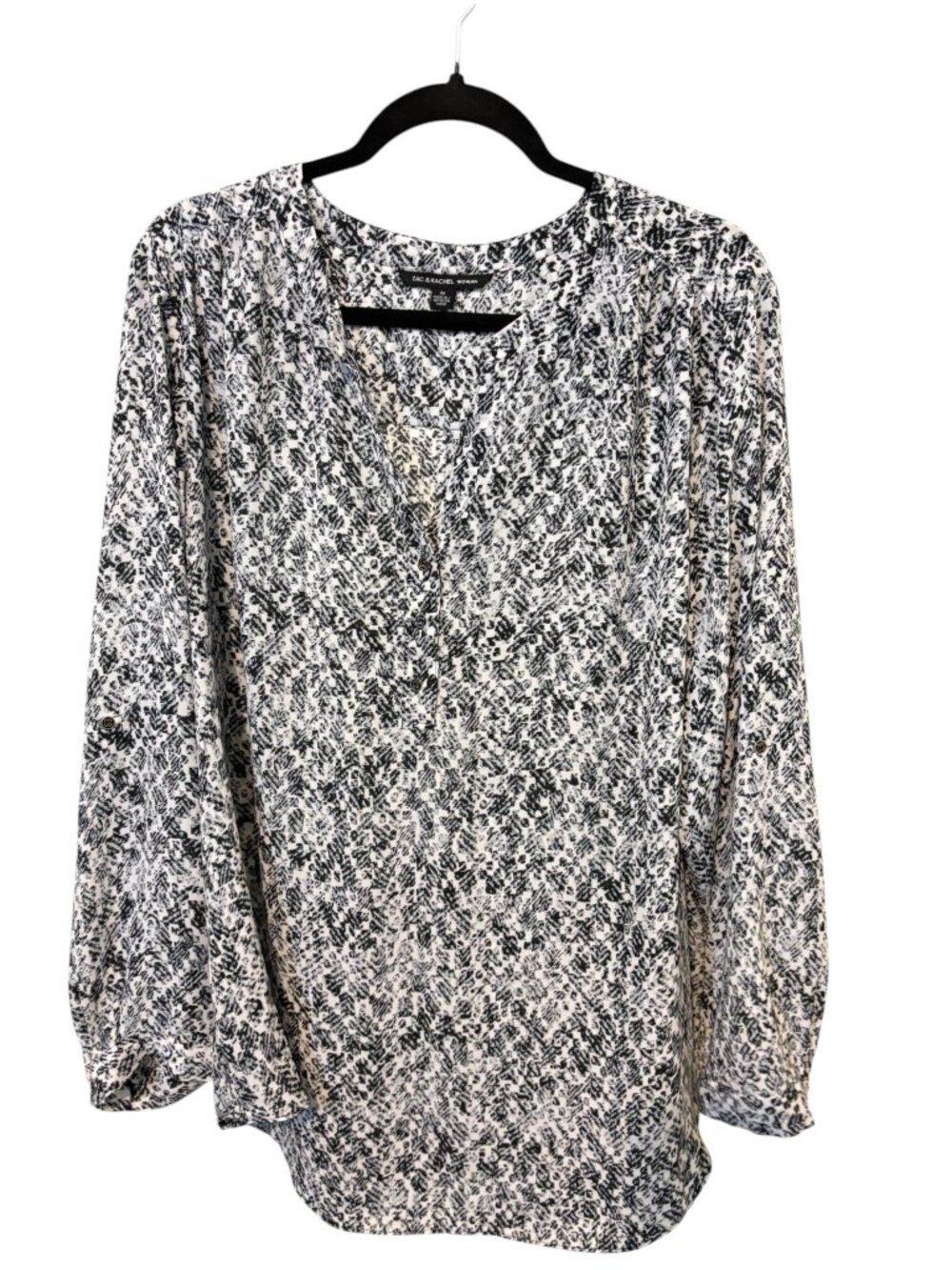 Zac and Rachel Black White Print Split V Button Bodice Long Sleeve Blouse